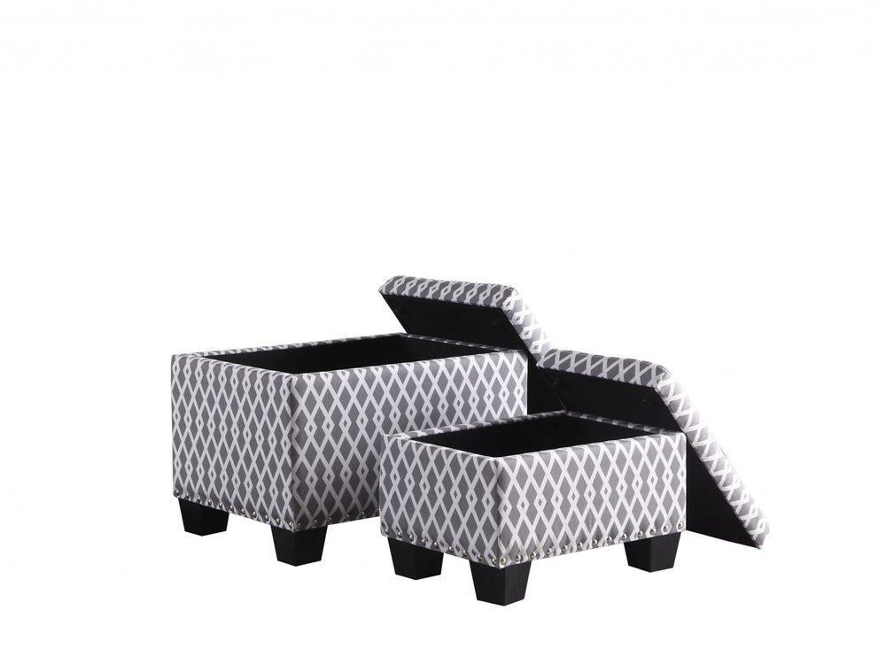 17" Gray White Black Gray and White Fabric Tufted Storage Ottoman