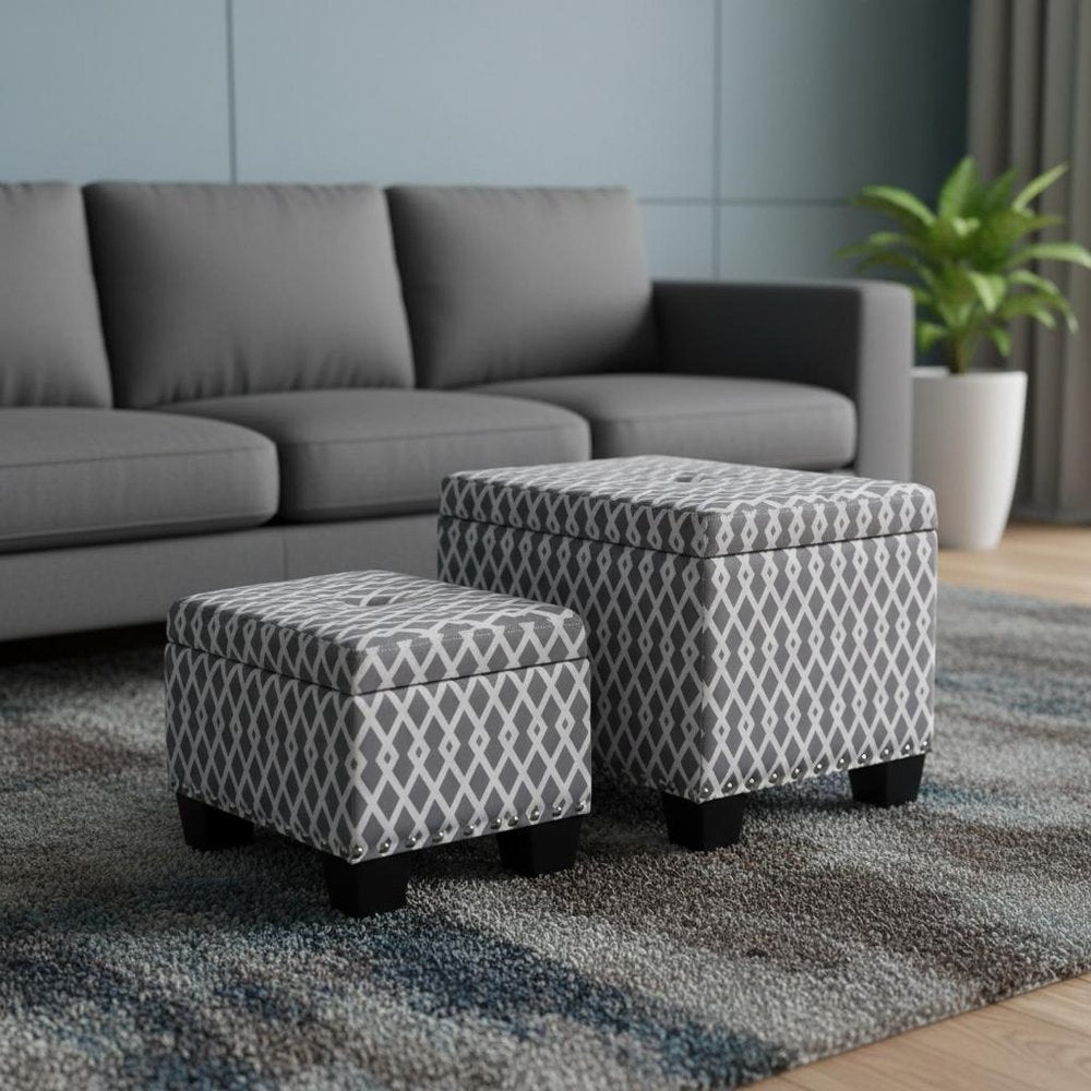 17" Gray White Black Gray and White Fabric Tufted Storage Ottoman