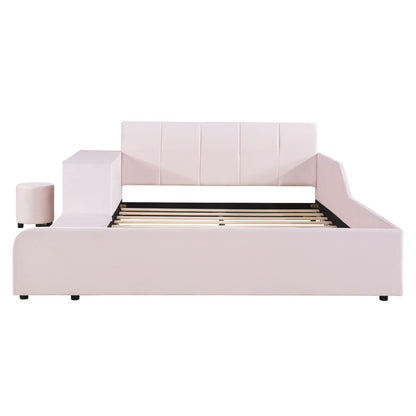 Upholstered Grounded Bed, With Bedside Desk And Little Round Stool