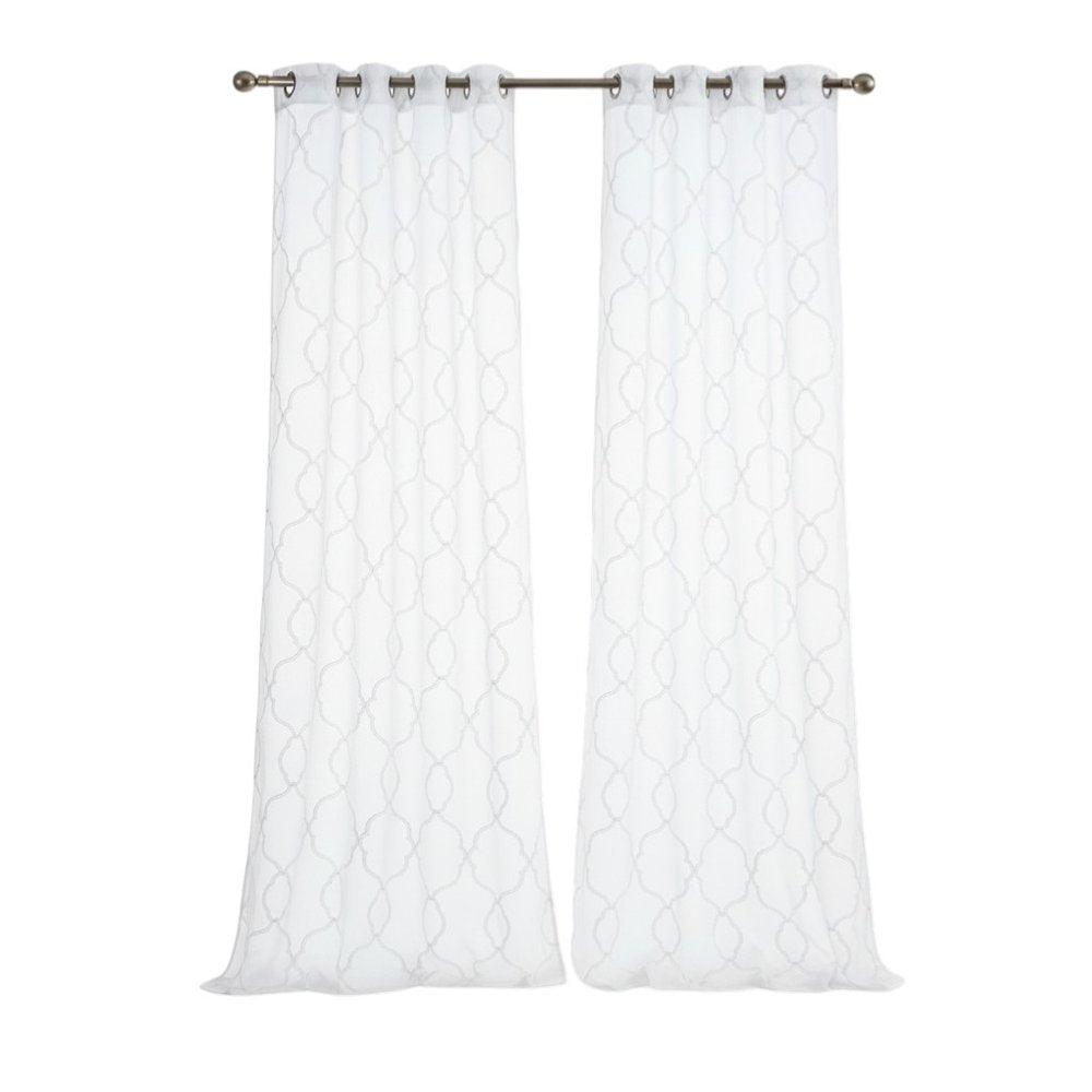 84” White Trellis Pattern Embroidered Window Curtain Panel