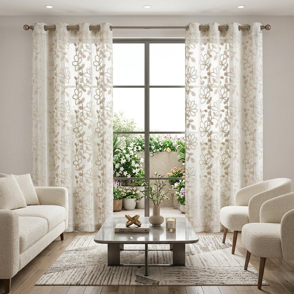 Set of Two 96"  Tan Floral Embroidered Window Panels