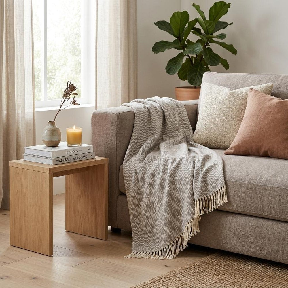 70" X 55" Brown And White Cotton Blend Woven Herringbone Plush Throw Blanket with Tassels