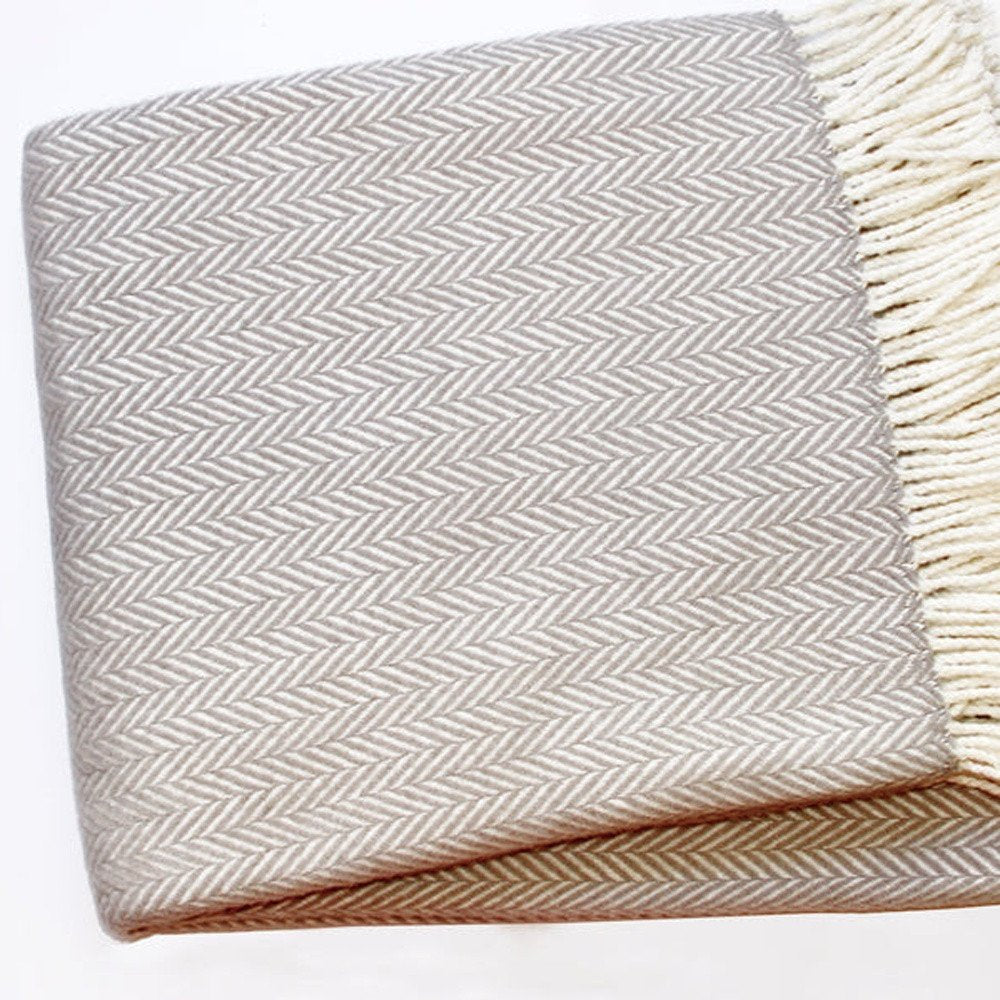 70" X 55" Brown And White Cotton Blend Woven Herringbone Plush Throw Blanket with Tassels