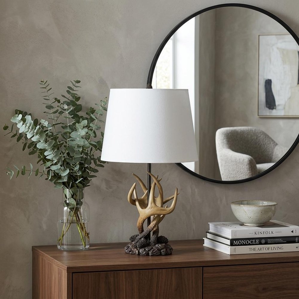 26" Natural And Brown Antlers Table Lamp With White Shade
