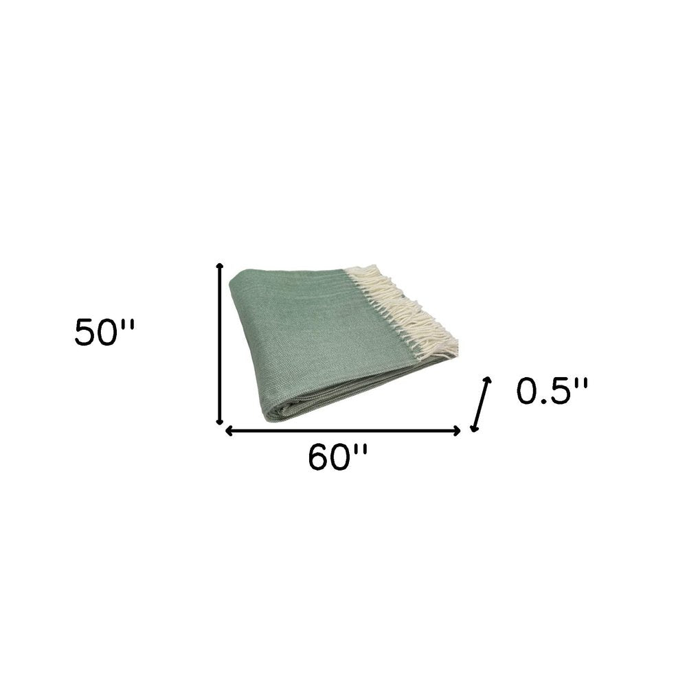 50" X 60" Green And Ivory Woven Herringbone Plush Throw Blanket with Tassels