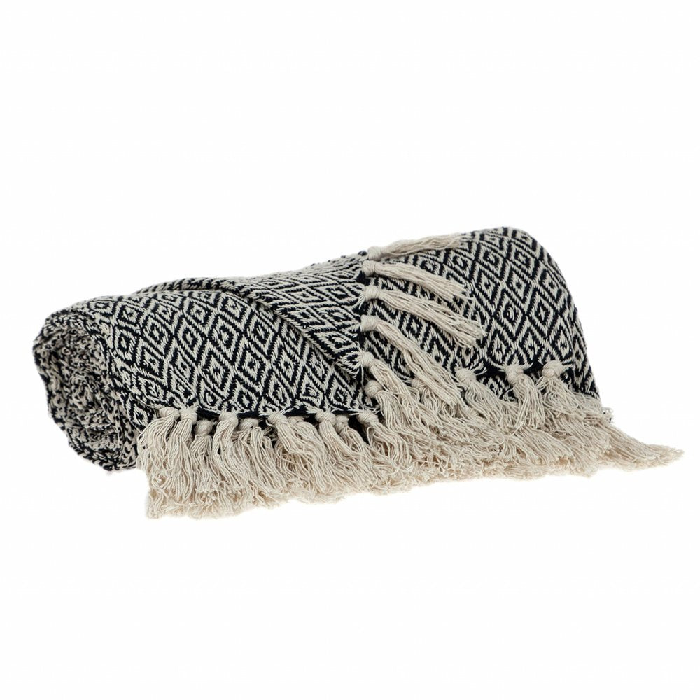 52" X 67" Black And Beige Geometric Diamond Throw Blanket with Tassels