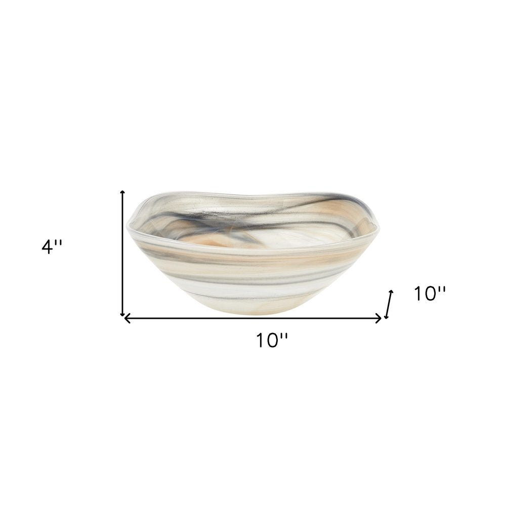 10" Gray Taupe And White Alabaster Glass Square Salad Bowl