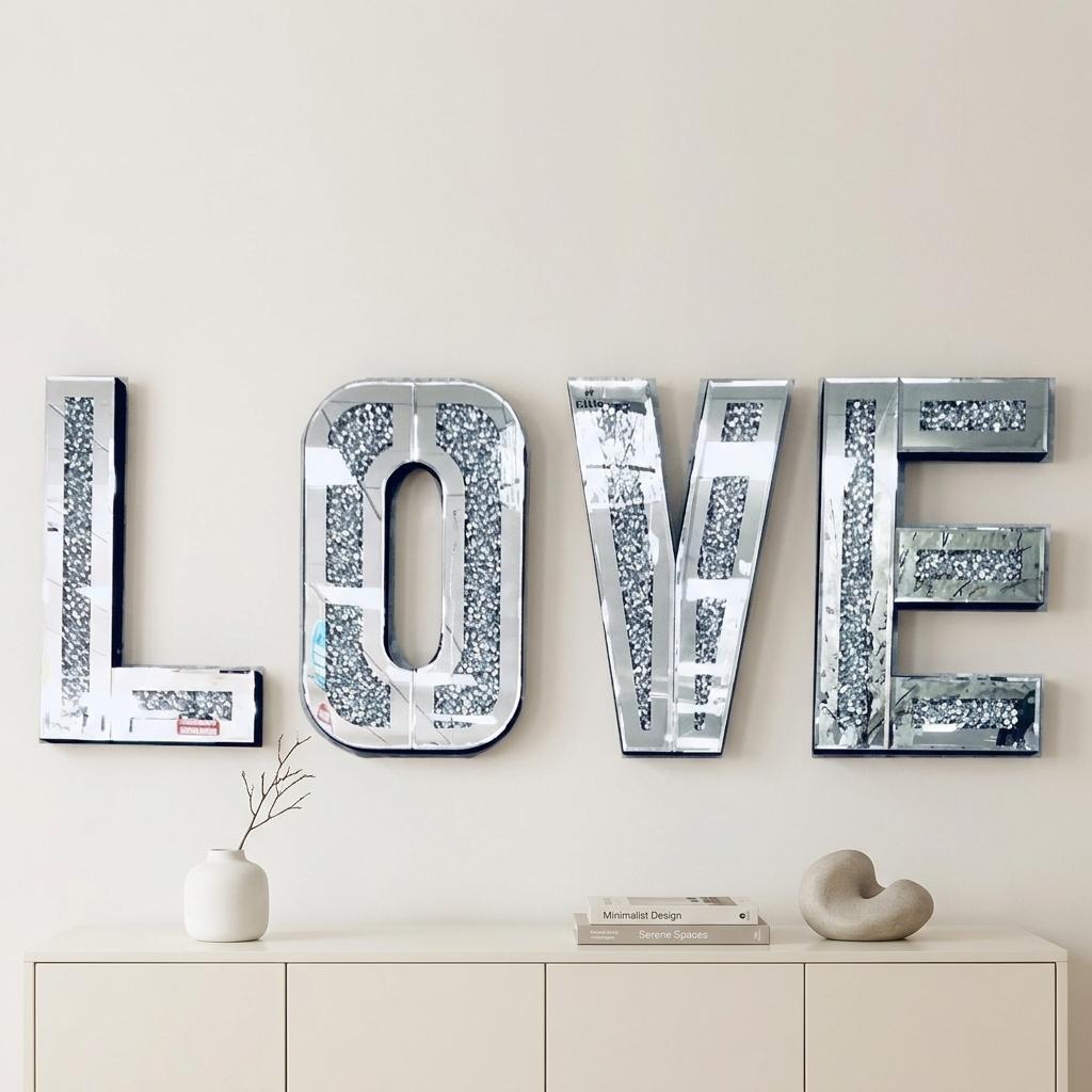 Silver Mirrored Mosaic Crystal Bling LOVE Wall Decor