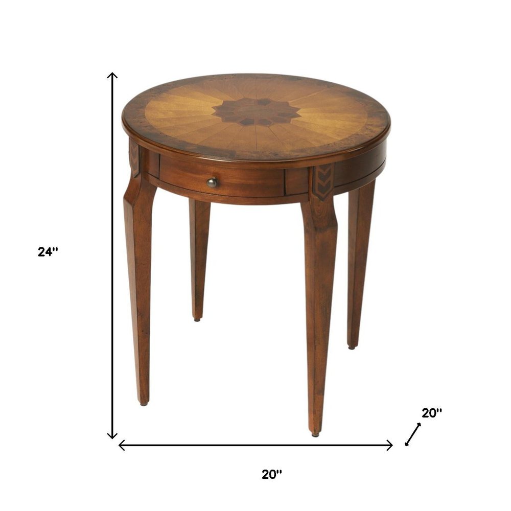24" Medium Brown And Olive Ash Manufactured Wood Round End Table With Drawer