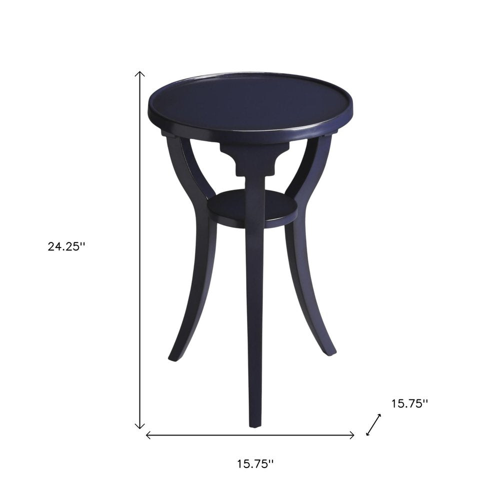 24" Blue Wood And Solid Wood Round End Table With Shelf