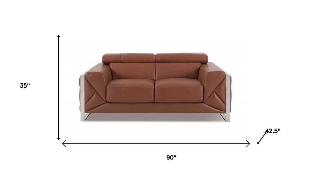 Two Piece Indoor Camel Italian Leather Five Person Seating Set