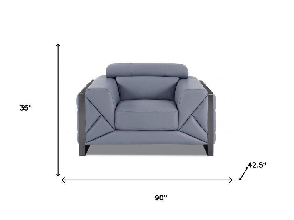 Three Piece Indoor Light Blue Italian Leather Six Person Seating Set