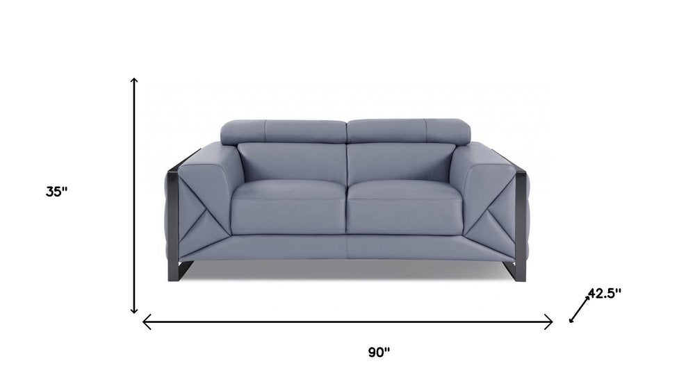 Two Piece Indoor Light Blue Italian Leather Five Person Seating Set