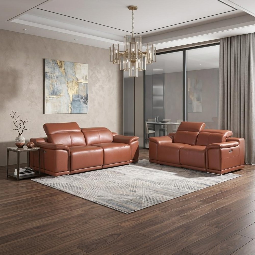 Two Piece Indoor Camel Italian Leather Five Person Seating Set