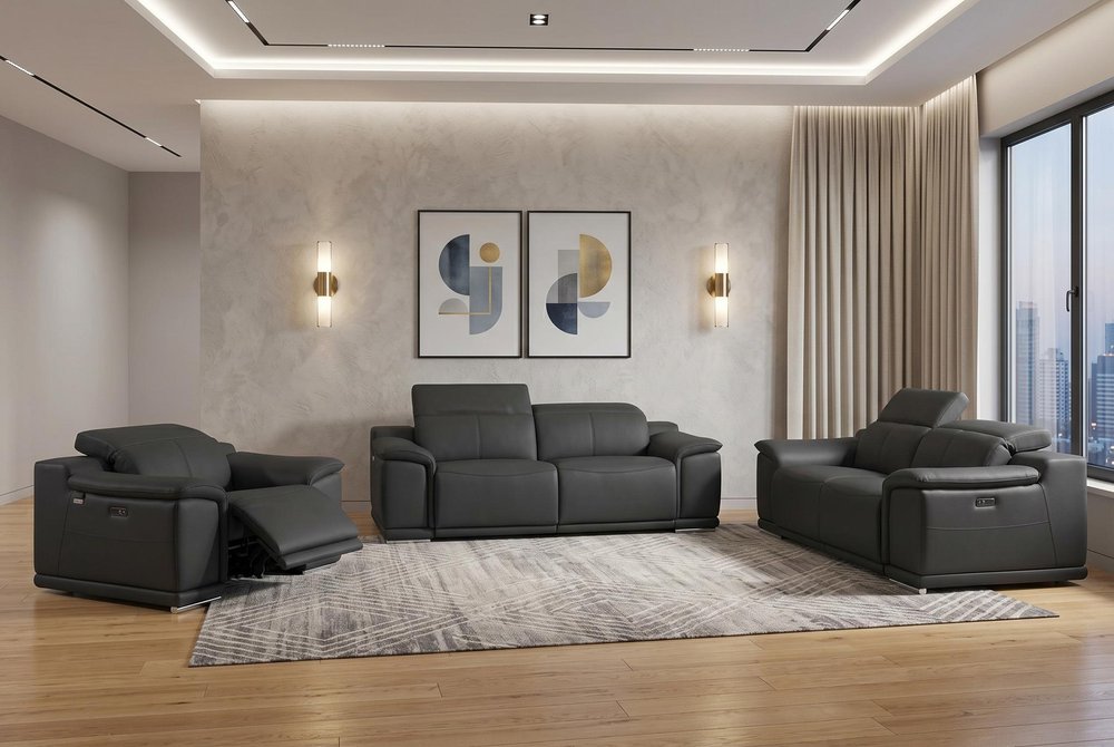 Three Piece Indoor Dark Gray Italian Leather Six Person Seating Set