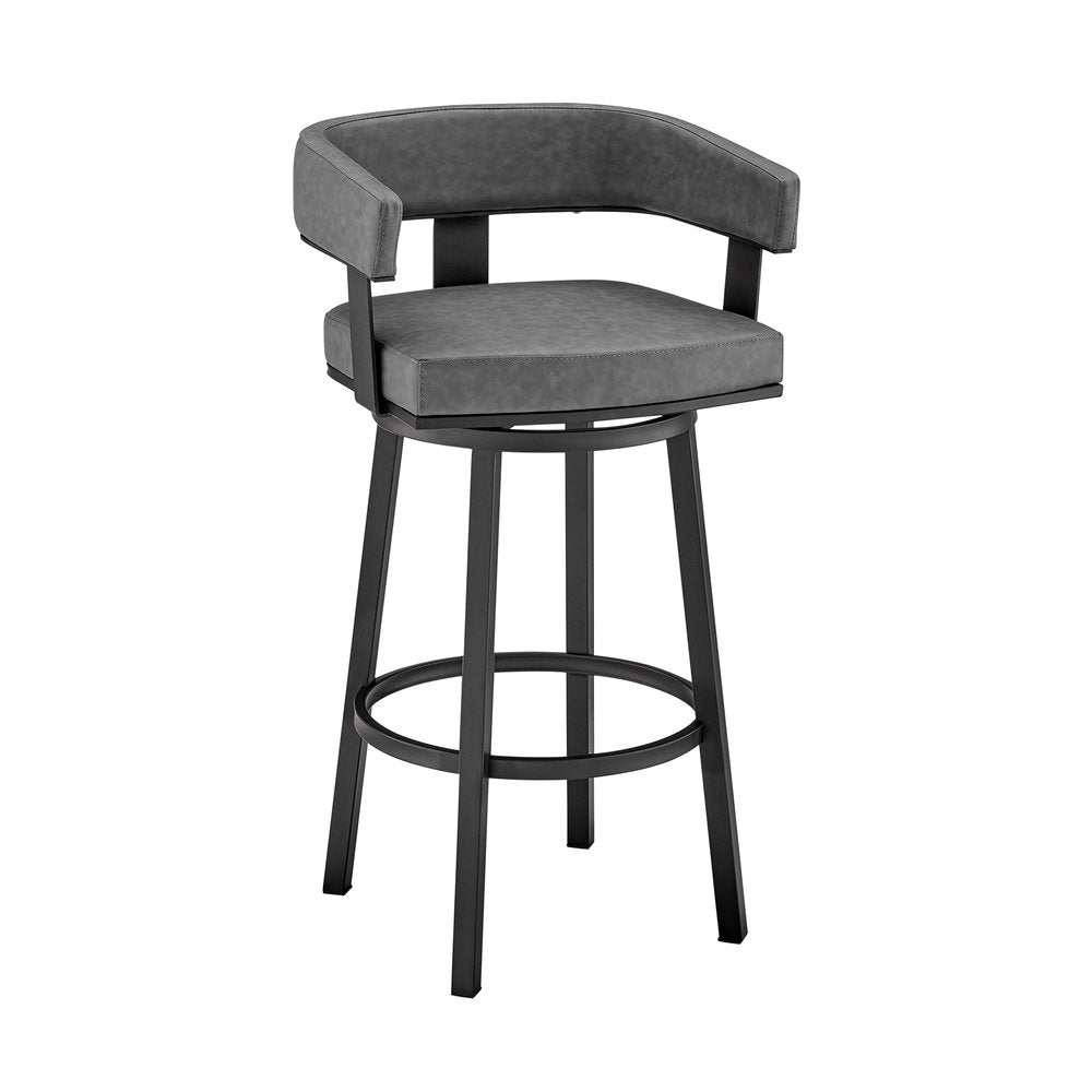 30" Gray and Black Faux Leather and Iron Low Back Bar Height Swivel Bar Chair