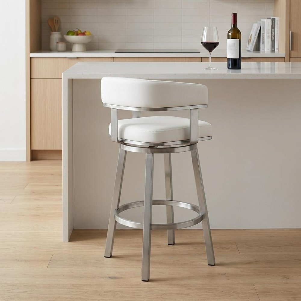 26" White And Silver Faux Leather And Stainless Steel Low Back Counter Height Swivel Bar Chair