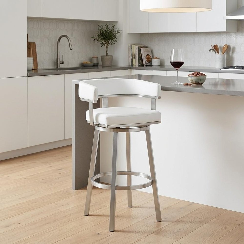 26" White And Silver Faux Leather And Stainless Steel Low Back Counter Height Swivel Bar Chair