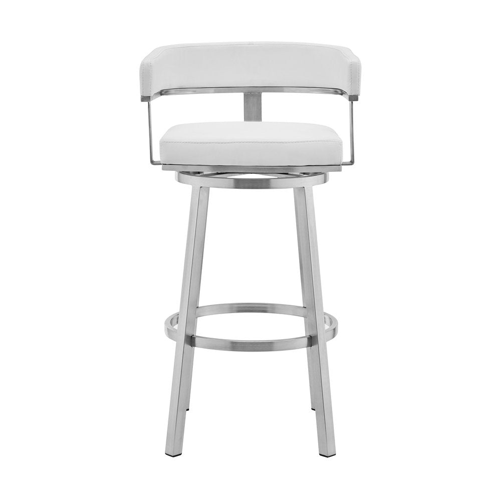 26" White And Silver Faux Leather And Stainless Steel Low Back Counter Height Swivel Bar Chair