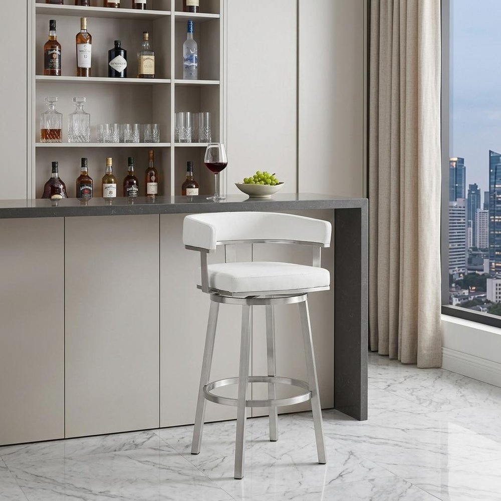 30" White and Silver Faux Leather Stainless Steel Low Back Bar Height Swivel Bar Chair