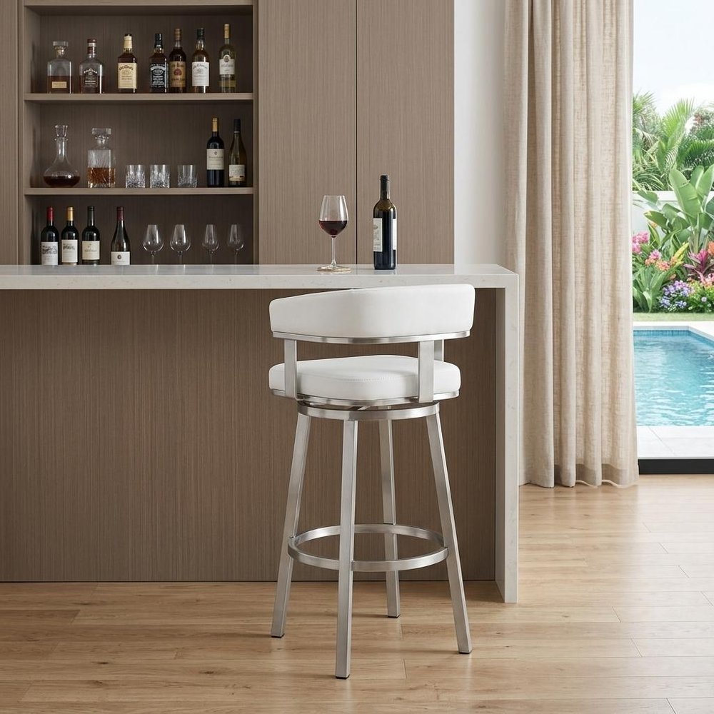 30" White and Silver Faux Leather Stainless Steel Low Back Bar Height Swivel Bar Chair