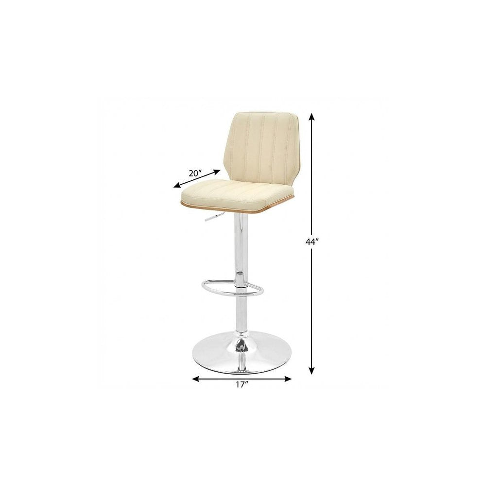 25" Cream And Silver Faux Leather And Steel Swivel Adjustable Height Bar Chair