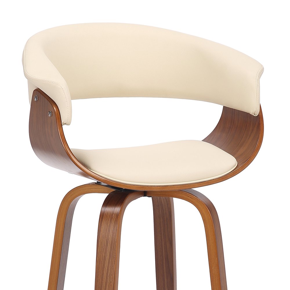27" Cream and Brown Faux Leather and Solid Wood Low Back Counter Height Swivel Bar Chair