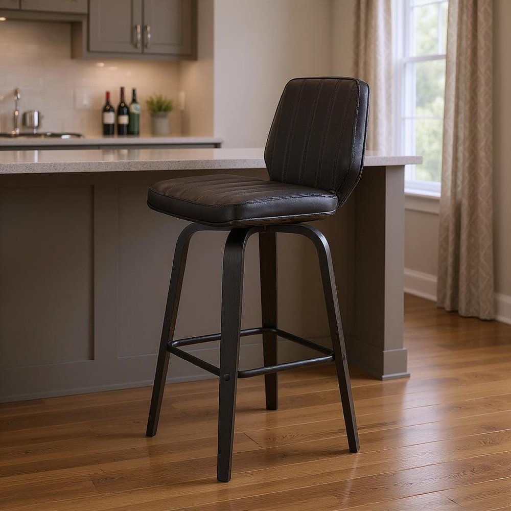 31" Gray And Black Faux Leather And Iron Swivel Bar Height Bar Chair
