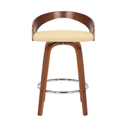 26" Cream and Brown Faux Leather and Solid Wood Low Back Counter Height Swivel Bar Chair