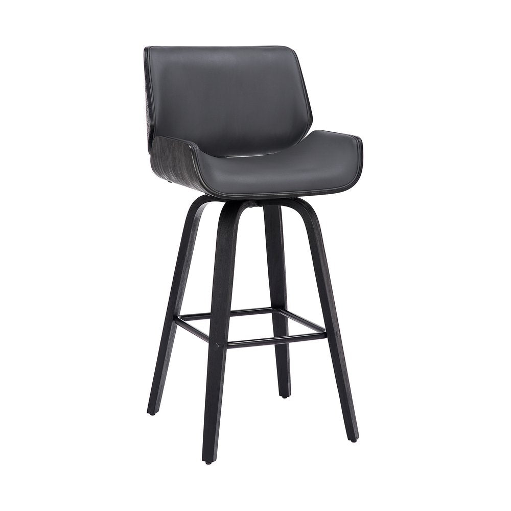 30" Gray and Black Faux Leather and Iron Bar Height Swivel Bar Chair