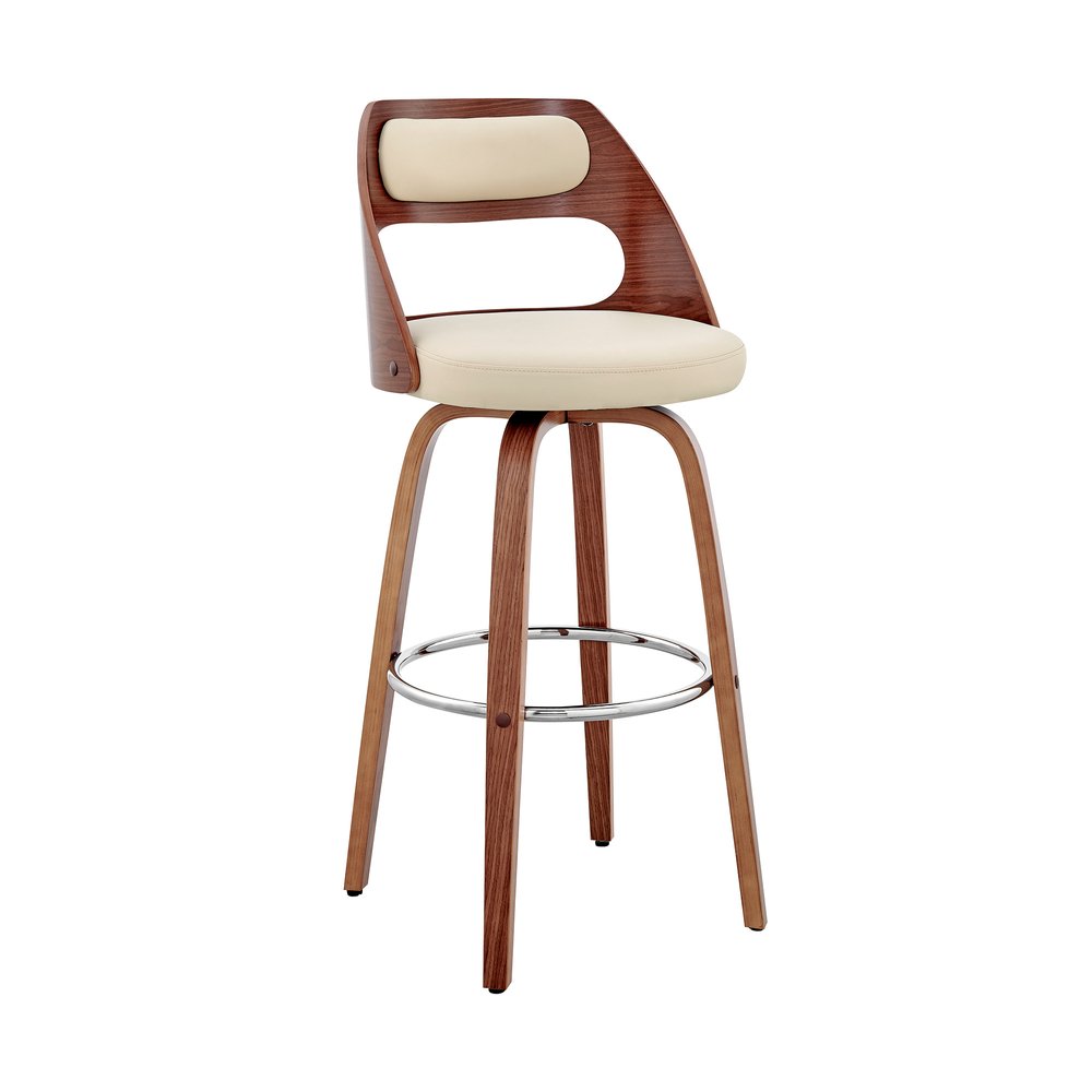 30" Cream and Brown Faux Leather Swivel Bar Chair