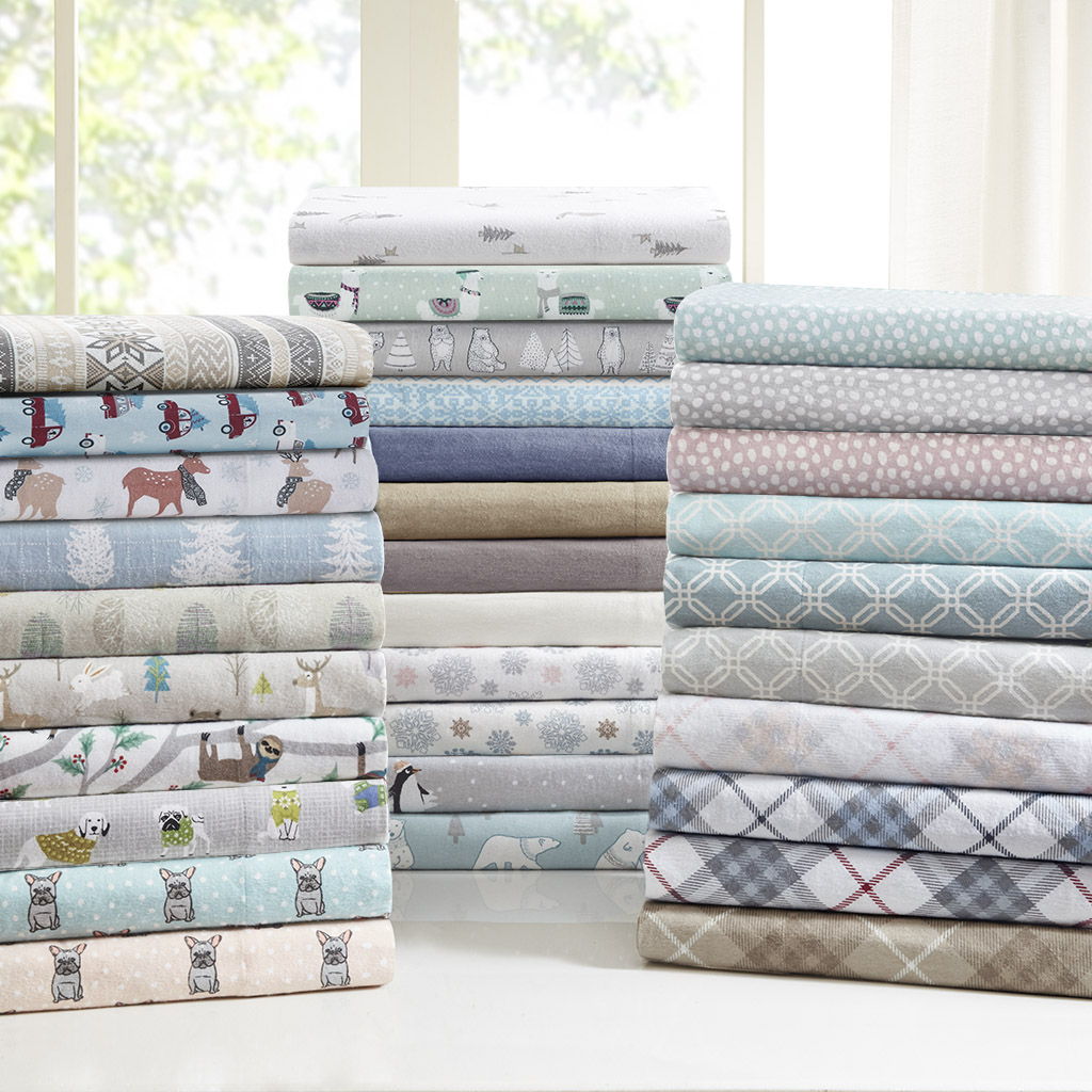 Cozy Cotton Flannel - Twin Sheet Set - Tan / Blue Snowflakes