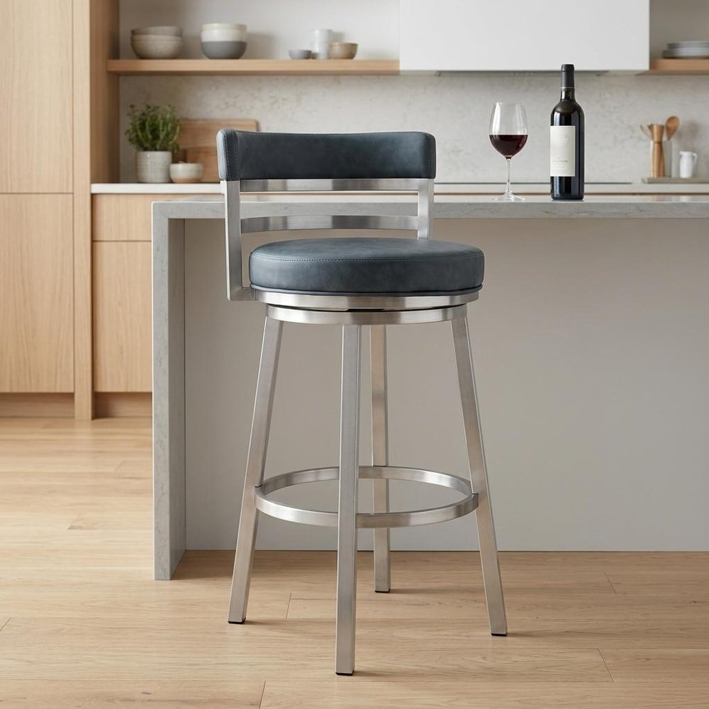 26" Blue and Silver Faux Leather and Stainless Steel Low Back Counter Height Swivel Bar Chair