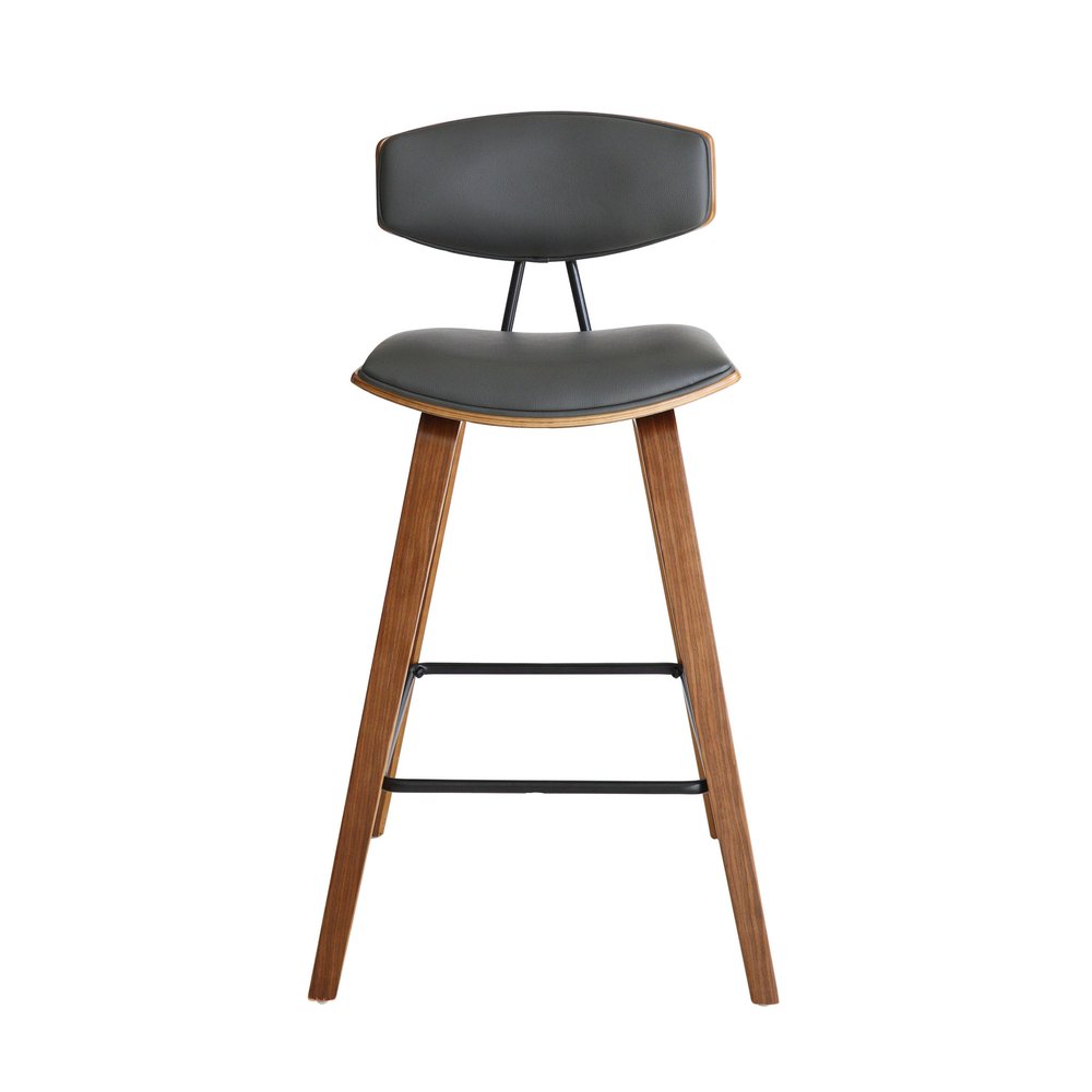 29" Gray and Brown Faux Leather and Iron Low Back Bar Height Bar Chair