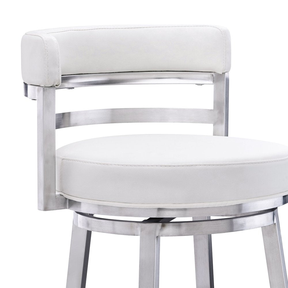 30" White and Silver Faux Leather and Iron Low Back Bar Height Swivel Bar Chair
