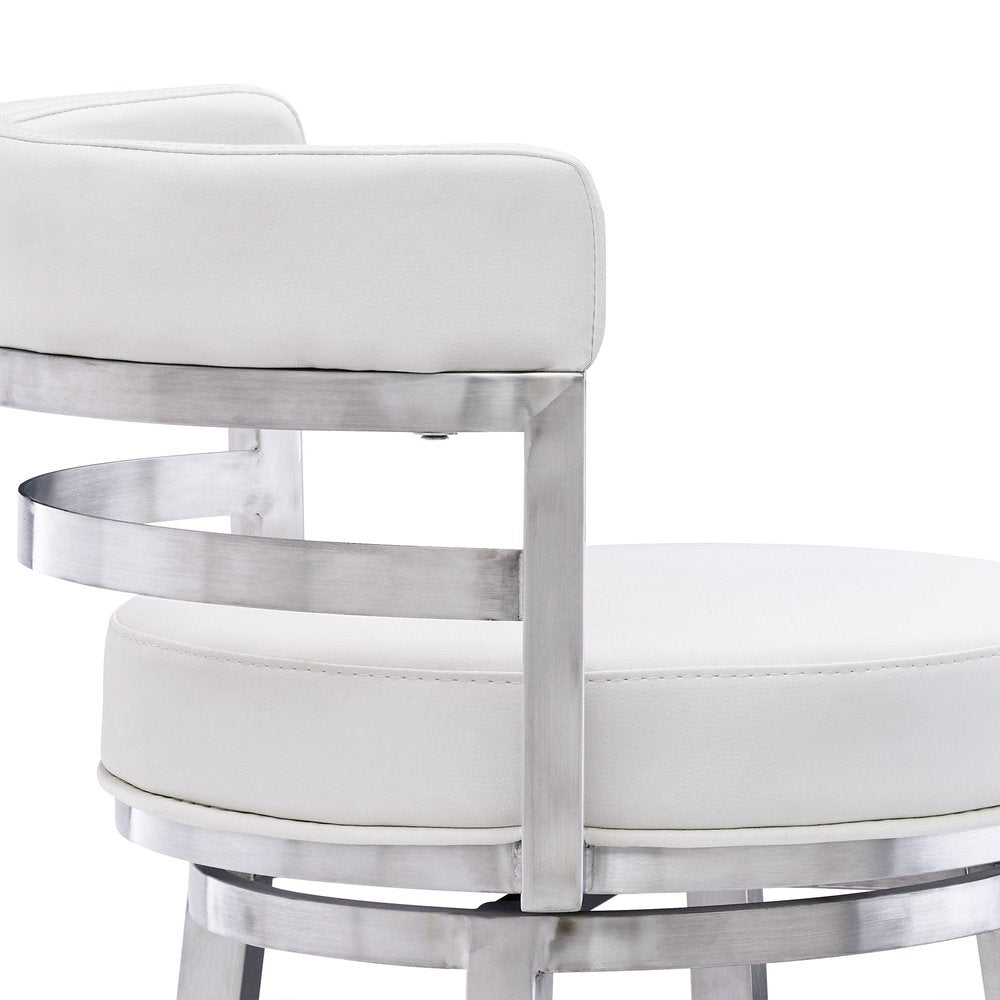 30" White and Silver Faux Leather and Iron Low Back Bar Height Swivel Bar Chair