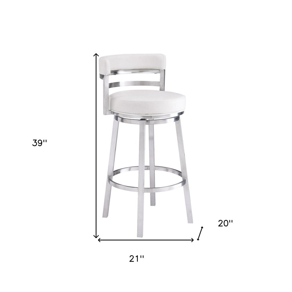 30" White and Silver Faux Leather and Iron Low Back Bar Height Swivel Bar Chair