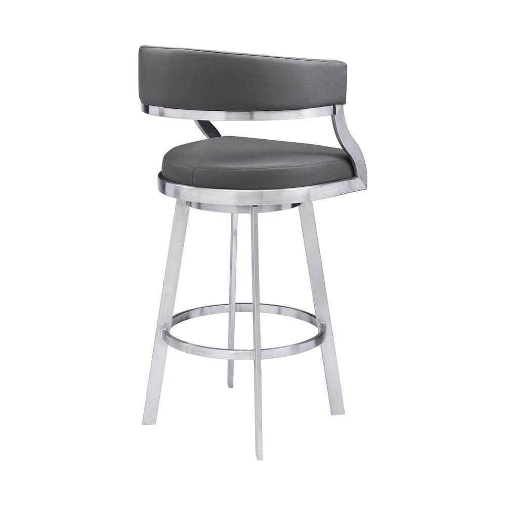 30" Gray and Silver Faux Leather and Iron Low Back Bar Height Swivel Bar Chair