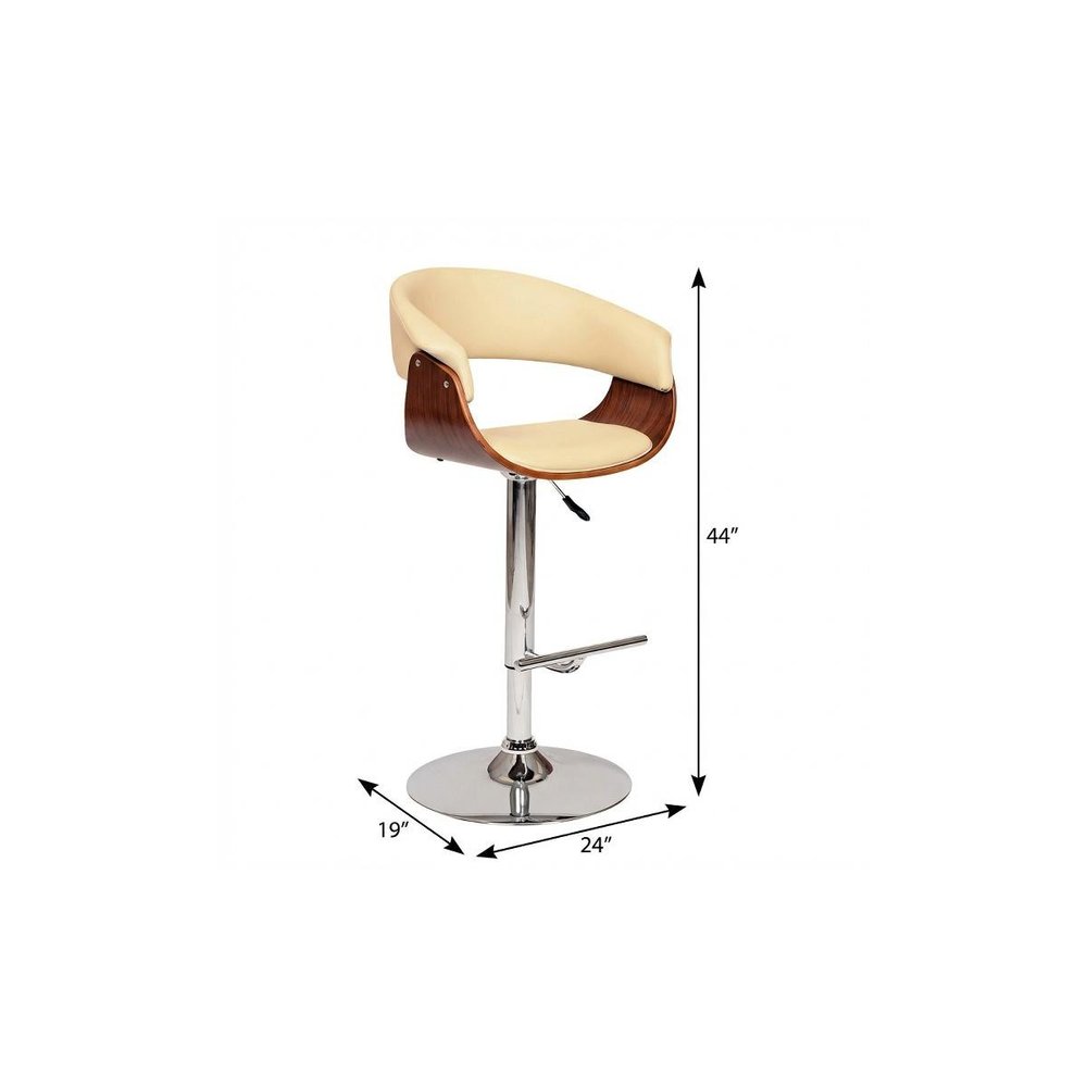 24" Cream And Silver Faux Leather And Solid Wood Swivel Low Back Adjustable Height Bar Chair