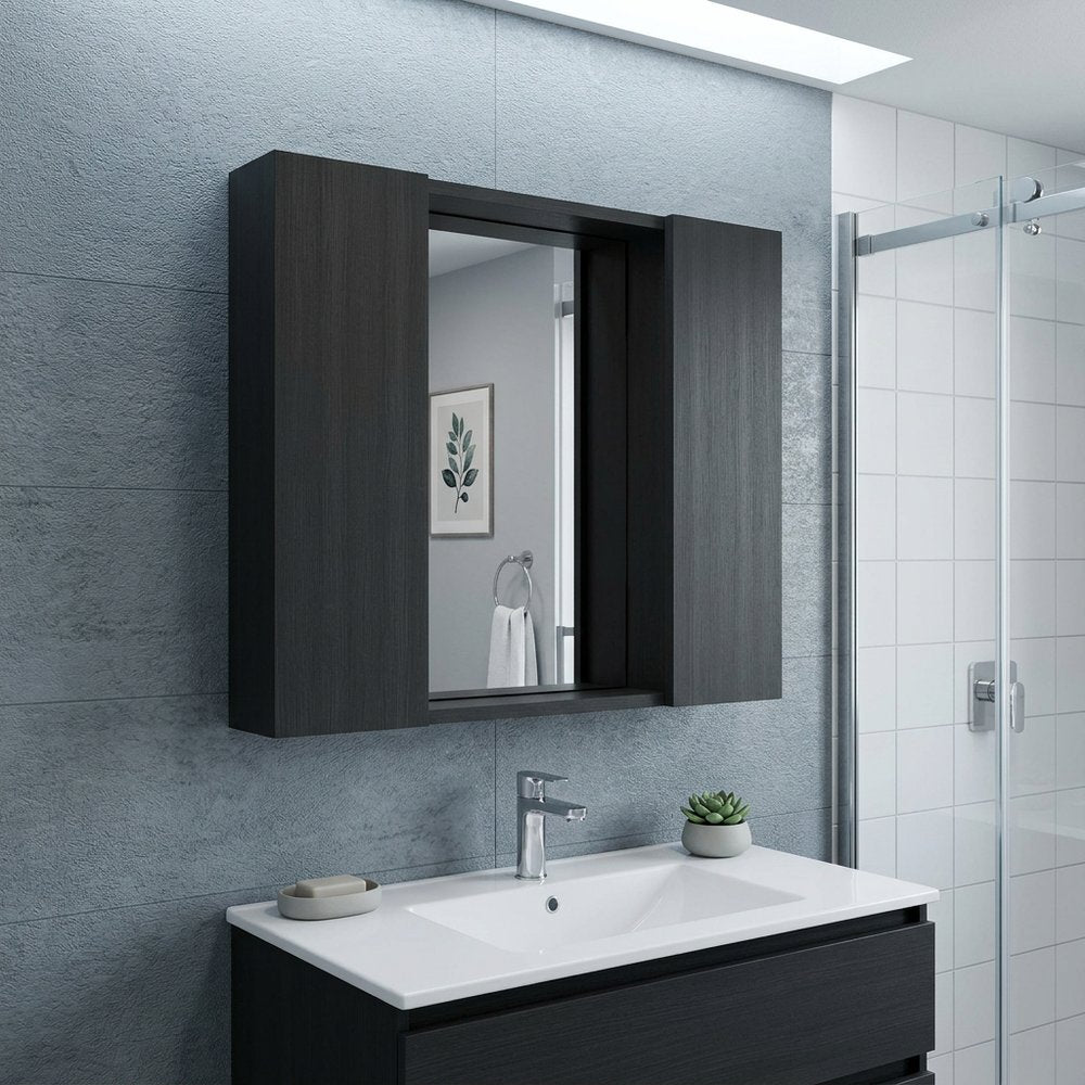 24" Black Wood Floating Double Door Bathroom Vanity And Medicine Cabinet With Mirror