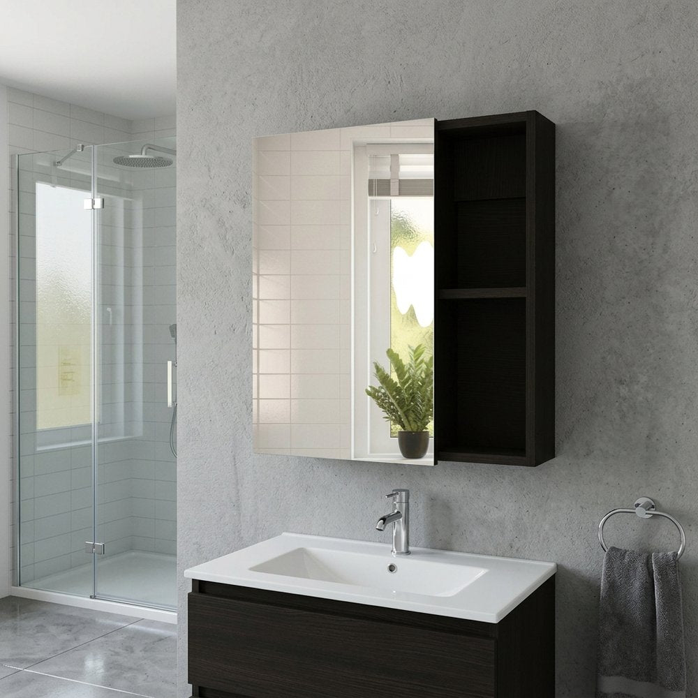 18" Black Wood Floating Single Door Bathroom Vanity And Medicine Cabinet With Mirror
