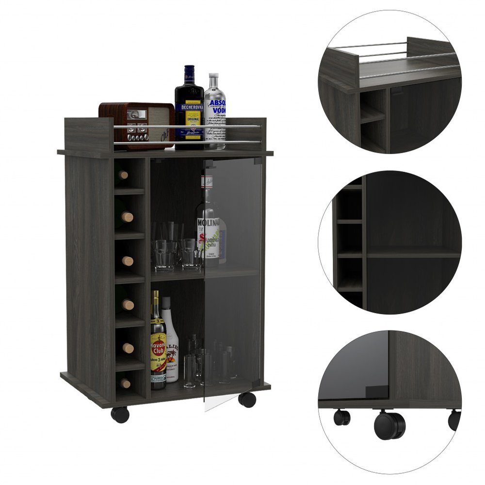 22" Espresso Wood Rolling Bar Cart With Wine Storage