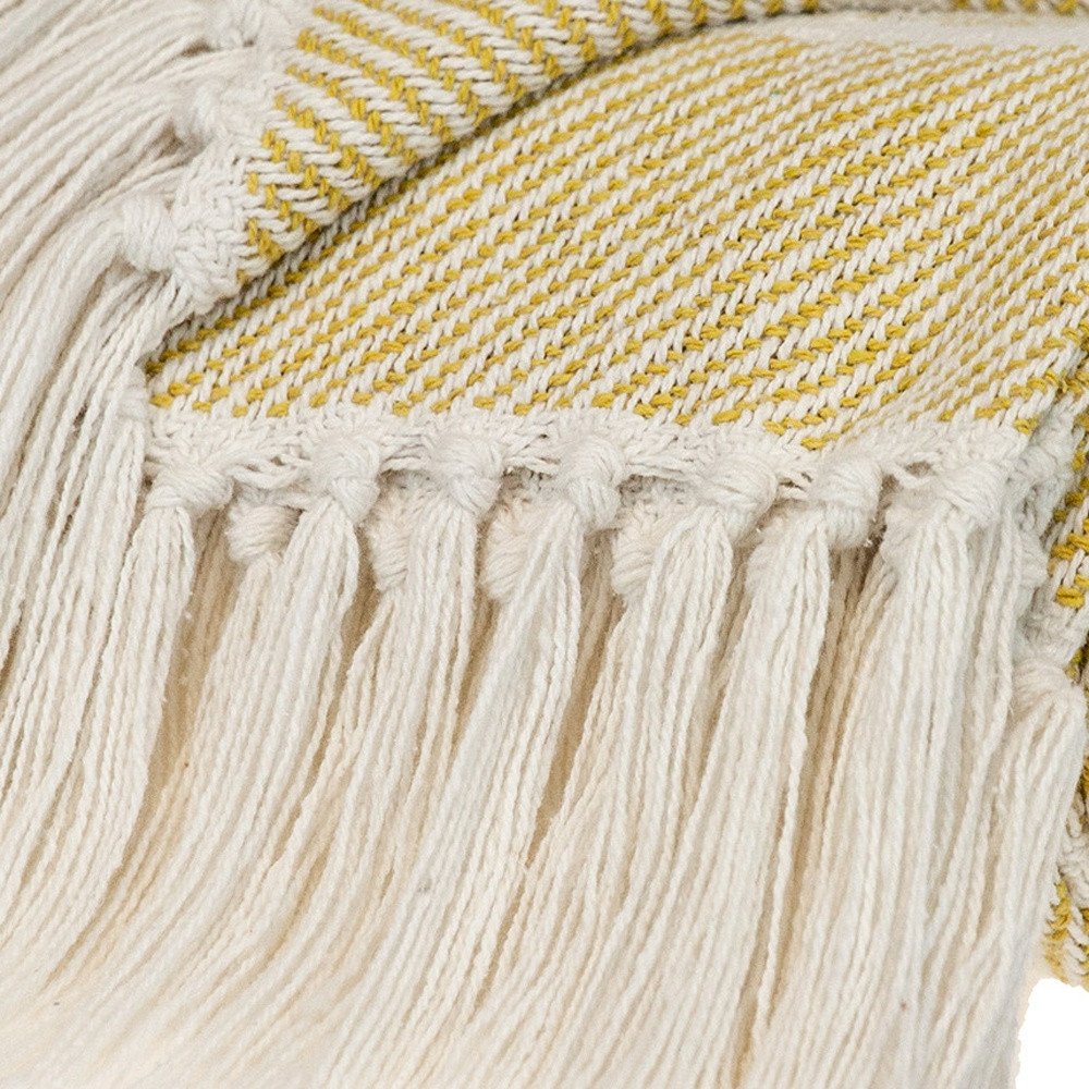 50" X 60" White And Yellow Striped Cotton Woven Throw Blanket