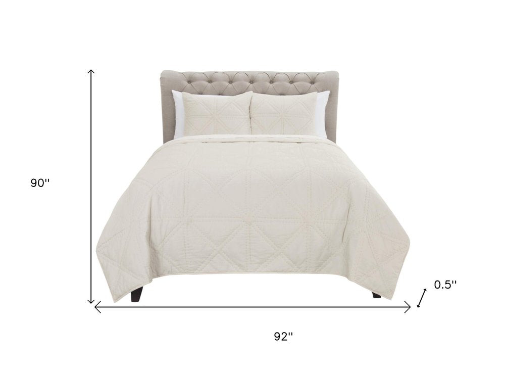 Set of Three Ivory Geometric Queen Quilt