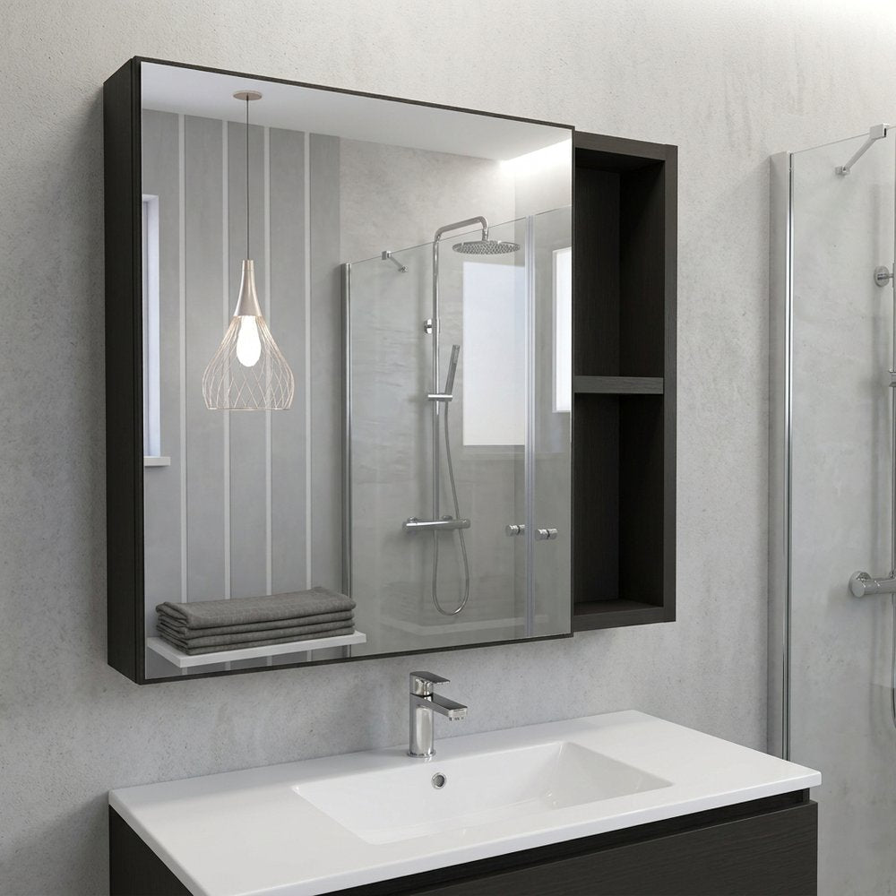 20" Black Wood Floating Single Door Bathroom Vanity And Medicine Cabinet With Mirror