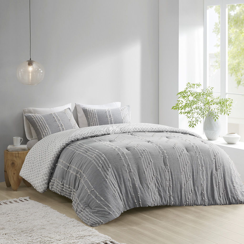 Kara - 3 Piece Jacquard Comforter Set - Gray