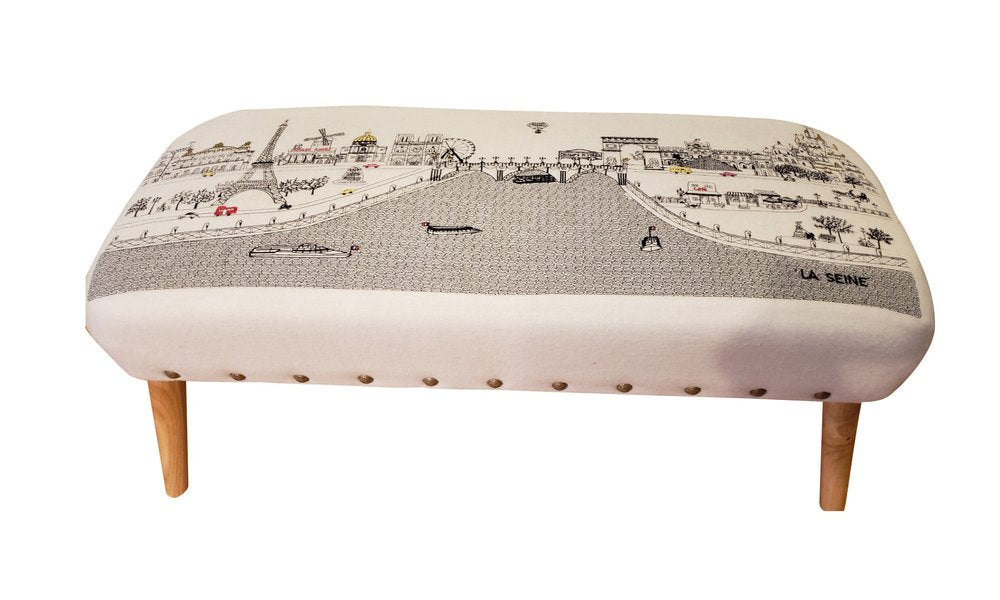 38" Cream Wool and Brown Ottoman