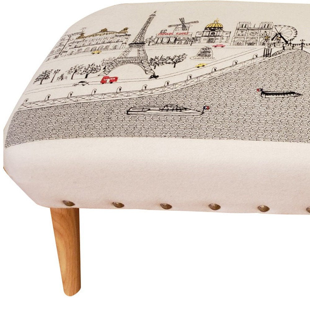 38" Cream Wool and Brown Ottoman