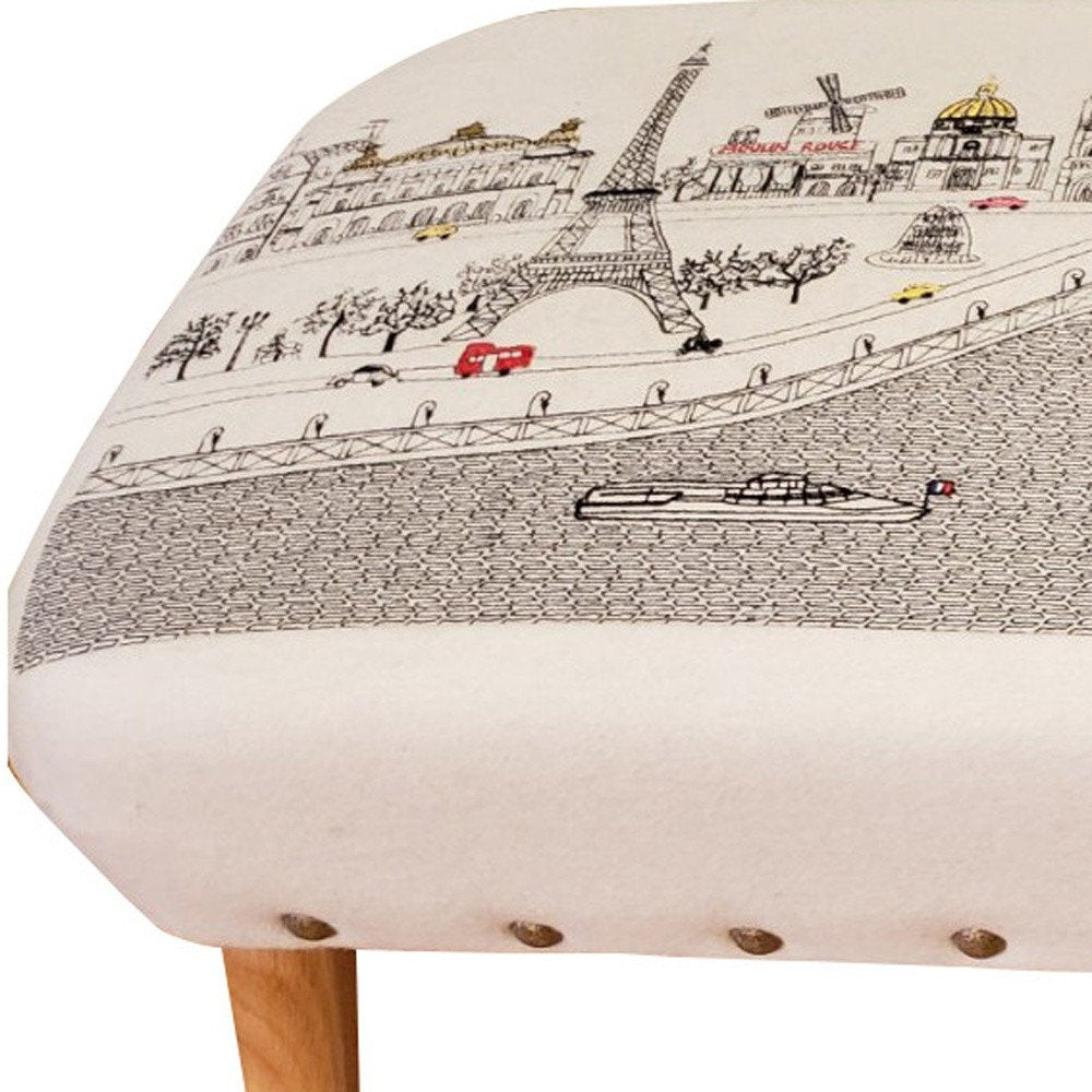 38" Cream Wool and Brown Ottoman
