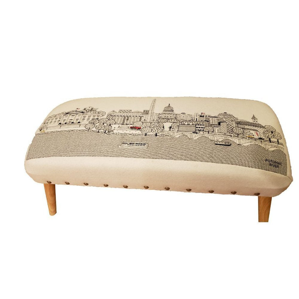 38" Cream Wool and Brown Ottoman